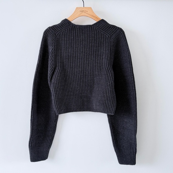 ZARA Ribbed Cropped Knit Top Square Neck Long Sleeve Charcoal Gray Medium - Picture 4 of 13